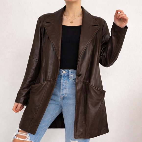 Vintage Jackets & Blazers - Vintage LNR Oversized Leather Blazer Trench Brown Size M